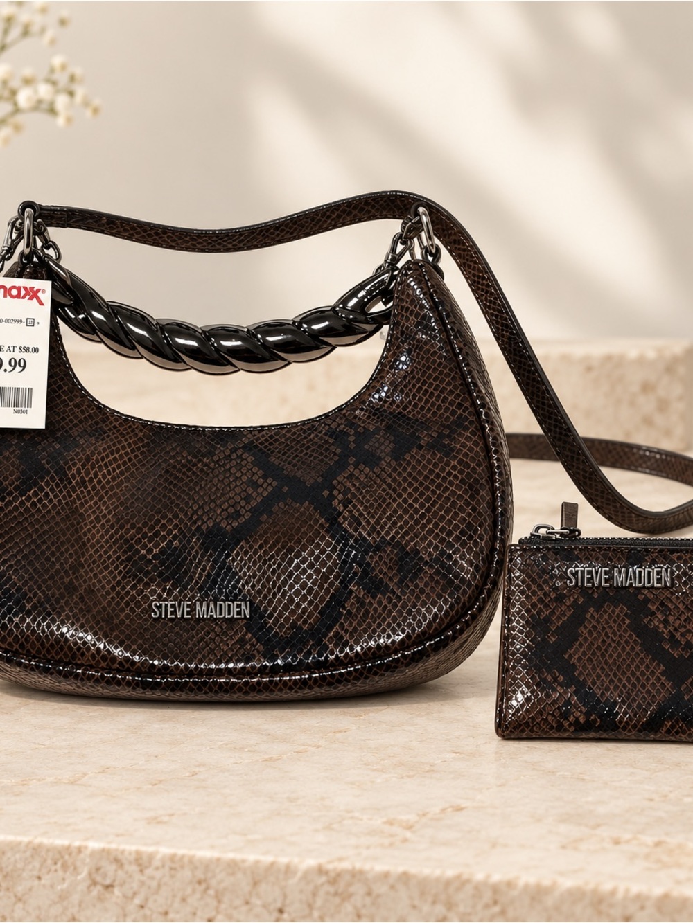 Steve Madden Dark Brown Snake-Print Shoulder Bag with Coin Pouch